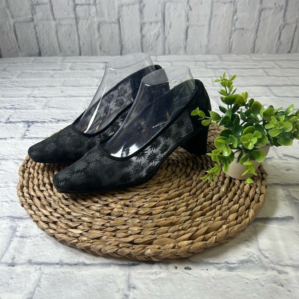 Pierre Dumas Black Mesh Floral Block Heels. Special Occasion. Wedding.